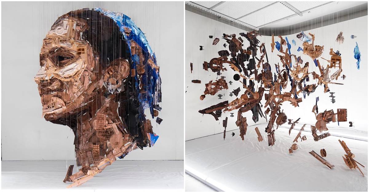 Peceptual art by Michael Murphy that looks like a portrait of a woman from one position and like chaos from another.